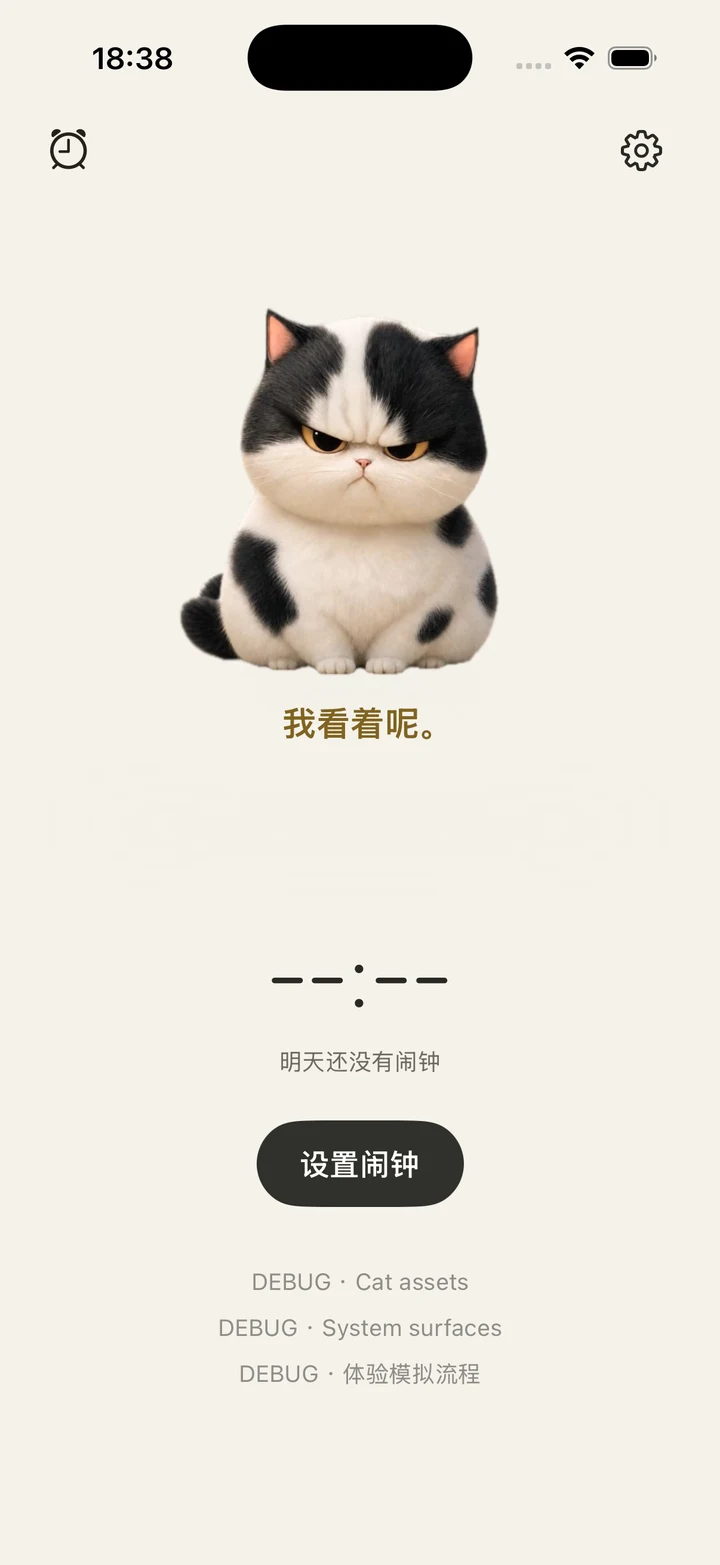 RiseMeow development home screen with its cat and Set Alarm button